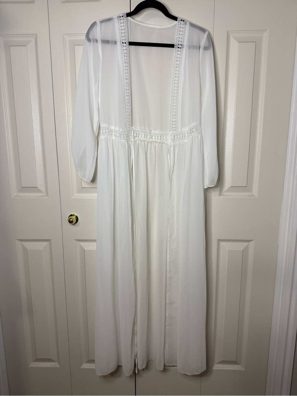 Women's White Sheer Lace Trim Long Cover-Up